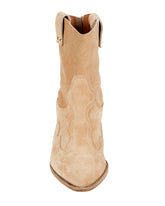 Italian-crafted western ankle boots in camel beige suede – pointed toe and pull-on style